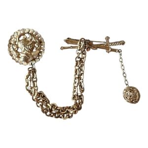 Victorian Revival Gold Tone Chatelaine Double Brooch Knight & Crossed Swords